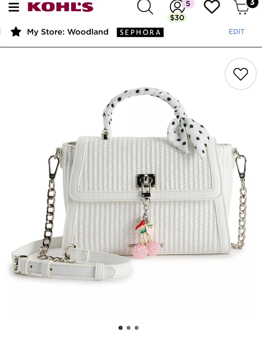 Madden Girl White Woven Satchel with Polka Dot Scarf and  Charm( white only)
